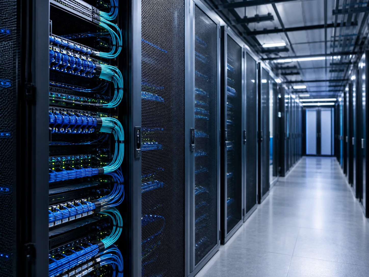 Illustrative modern enterprise data centre with organised blue and aqua network cabling