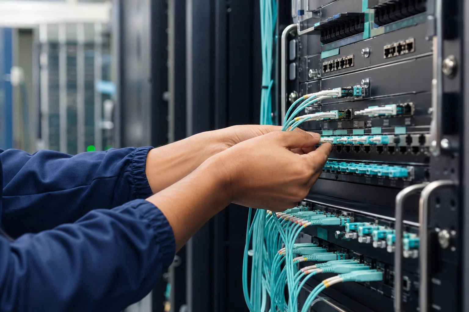 Engineer connecting fibre-optic infrastructure in an enterprise rack